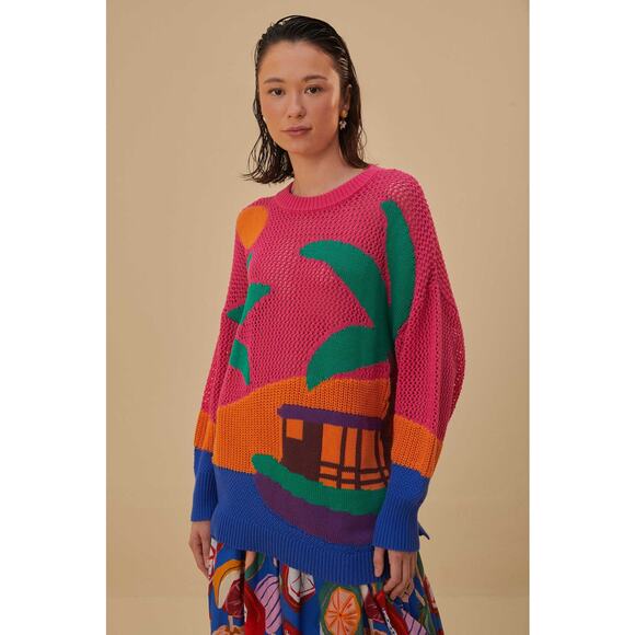 Farm Rio Amazon Stamps Open Knit Cotton Sweater Pink Womens Size Large Island - Picture 2 of 14